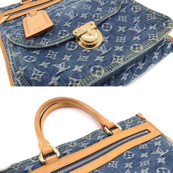 Louis Vuitton Monogram Denim Flat Shopper Tote Bag Blue Gold Hardware - Picture 7 of 8